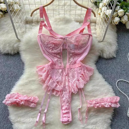 Women’s Sexy Lace Lingerie Bodysuit Hot Lenceria Intimates Set Sheer Mesh Underwire Garter Erotic Underwear 2025