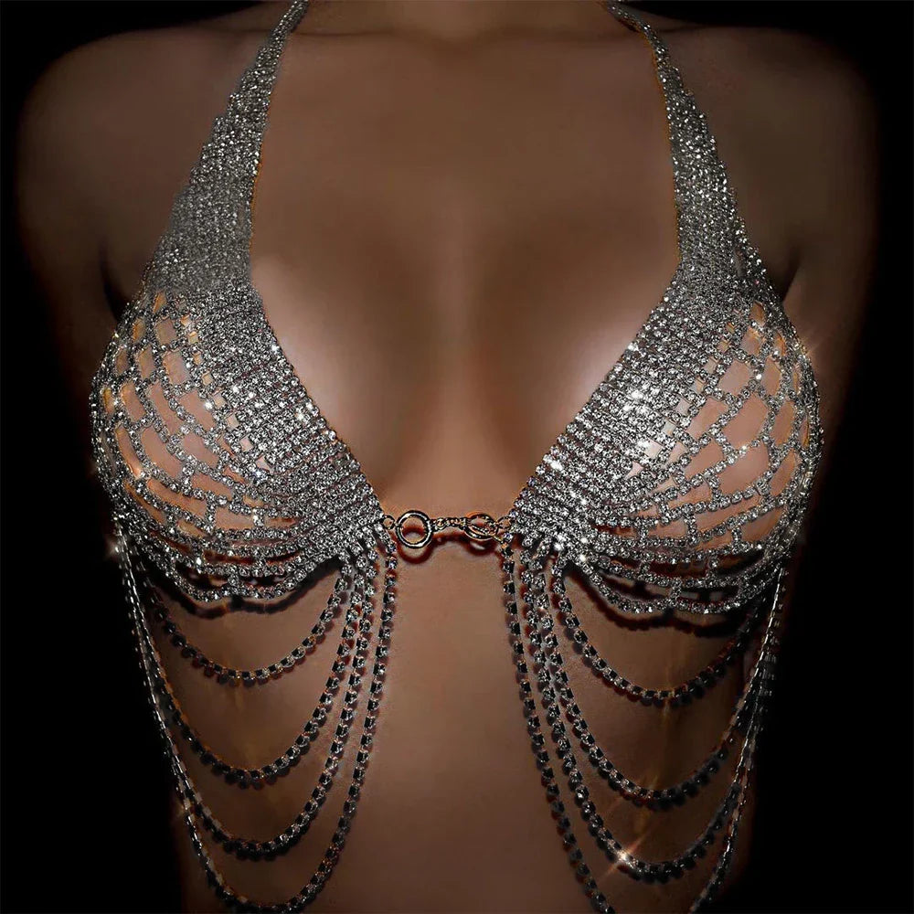 Wholesale Sexy Rhinestone Chain Body Lingerie Set Heart Body Jewelry for Women Fashion Bikini Underwear Bling Crystal Bra Thong