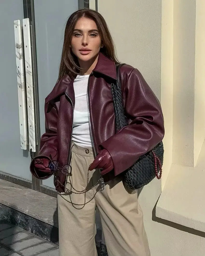 HH Wine Red Faux Leather Jakcet Fashion Outerwear Thicken Zipper Lapel Pu Coats Autumn Winter Streetwear Ladies Tops Women