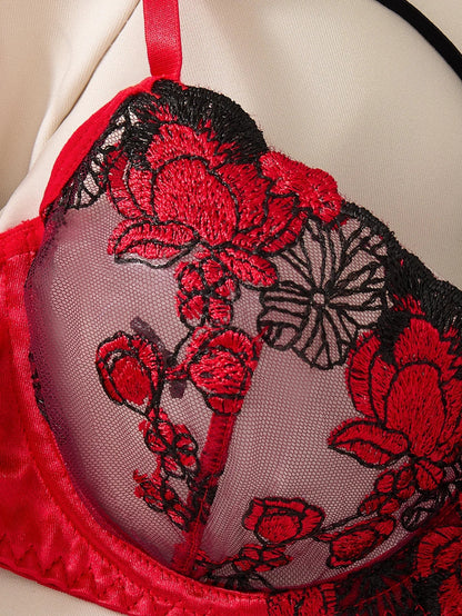 Two-piece embroidered bra set - Women's floral embroidered lingerie set - Black and red underwear set ZA825127