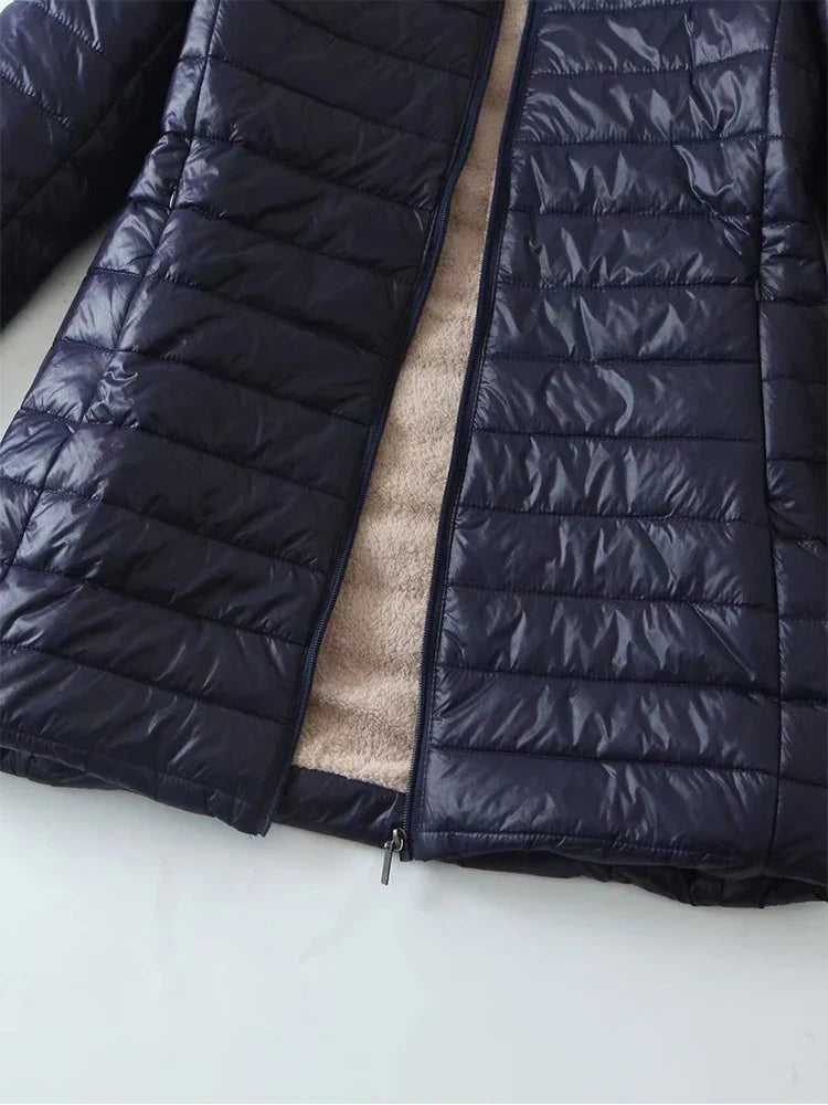 New Mid Length Korean Edition Hooded Fit Women Jackets Autumn Winter Mid-length Office Cotton Coats Warm Lamb Fleece Parkas