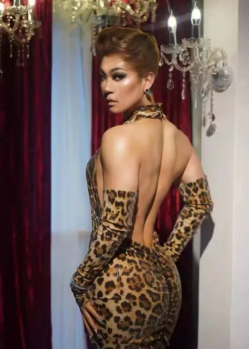 Birthday Performance Plus Size Women's Clothing Bulk Sequins Hollow Leopard Print Dress Women's Party High-End Performance Dress