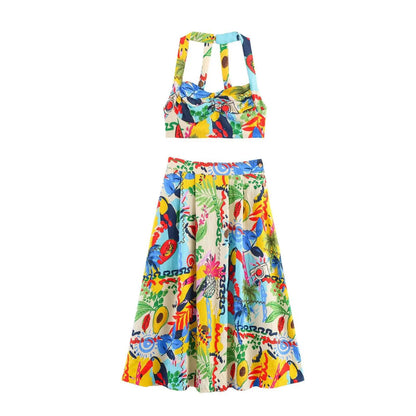HH Women 2 Piece Set Sexy Sleeveless Backless Print Buttons Mini Sling Top+Elegant High Waist Buttons Beach Midi Skirt