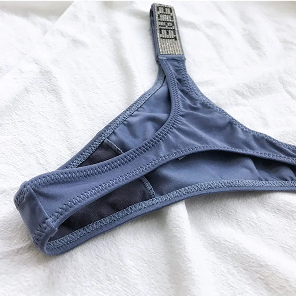Sexy Triangle Fitness Sports With Letter Low Rise Briefs Sexy T-Back G-string Women Panties Rhinestone Thong