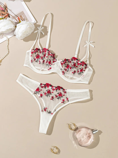 Night Beautiful Sexy Women 2 Piece floral Embroidery Underwear Sexy Erotic lingerie underwear Set