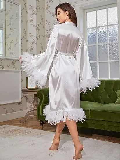 Women Satin Robe Sleepwear Solid Color Casual Feather Trim Long Sleeve Pajama Dress Ladies Loungewear Nightwear Bathrobe