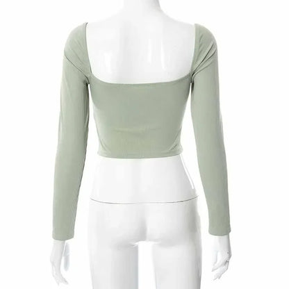 Hollow-Out V-neck Long Sleeve Crop Tops Spring Fall Casual Fashion Women Square Collar Slim Ribbed T-Shirts Backless Tee