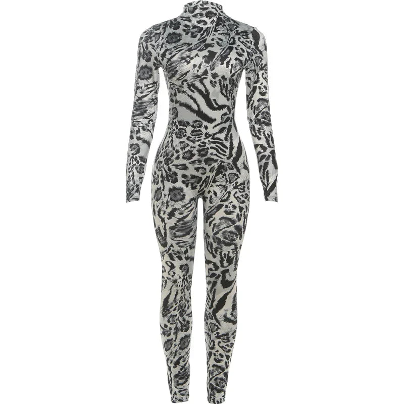 Sisterlinda Fitness Jumpsuit Women Sexy Zip Leopard Print Full Sleeve Streetwear Activity Workout Casual Tight Stretch Overalls