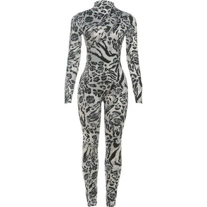 Sisterlinda Fitness Jumpsuit Women Sexy Zip Leopard Print Full Sleeve Streetwear Activity Workout Casual Tight Stretch Overalls