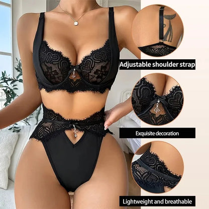 Women's Sexy Lace Lingerie Set with Black Lace Patchwork and Pendant Decoration for Women Sexy Bra Set