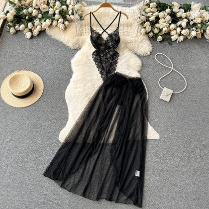 SINGREINY Lace Sensual Erotic Two Pieces Suits Camis Short Bodysuits Tops+Midi Long Mesh Chiffon Skirts Women Underwear Sets