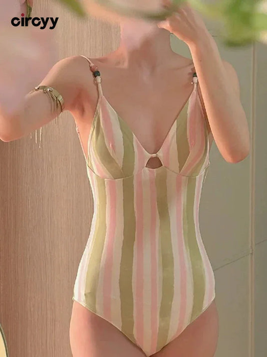 OIINAA Swimming Suit for Women Striped Contrast Color Bodysuit Halter Beading Sexy Bathing Suit Summer 2025 New Korean Beachwear