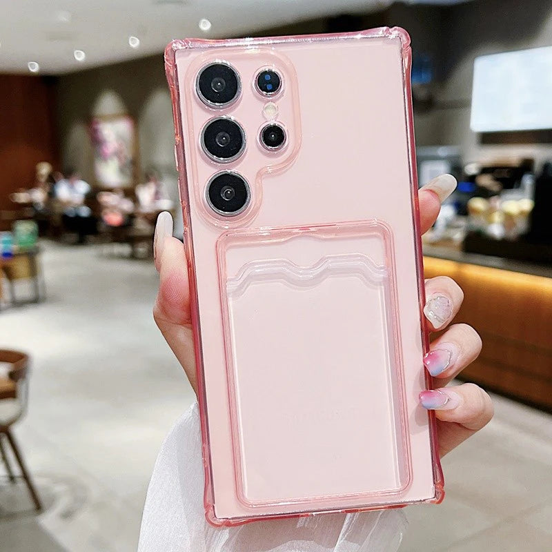 Luxury Card Pocket Silicone Soft Case For Samsung Galaxy S25 S24 S23 S21 FE S22 Ultra Plus Card Bag Clear Shockproof Fundas