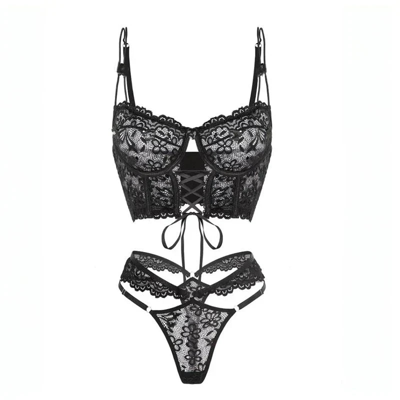 Bra Brief Sets Female Transparent Sexy Romantic Lingerie Black Lace Underwear Flowers Sensual See Through Erotic Sets