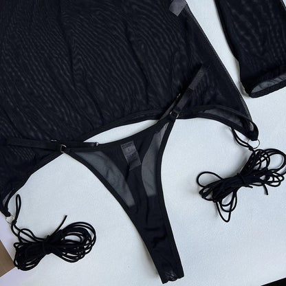 Yimunancy Sheer Mesh Lingerie Set Women 4-Piece Backless Sexy Dress Sexy Erotic Solid Brief Underwer Set Nightwear