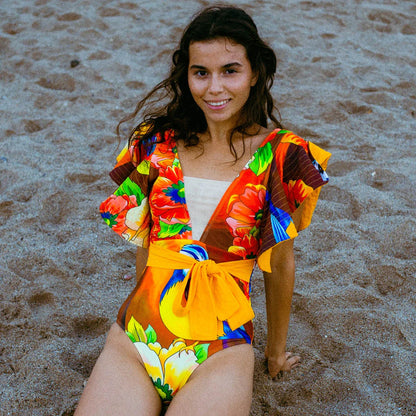 2025 New Sexy V-Neck One Piece Swimsuit Belt Swimwear Women Ruffle Monokini Push Up Swim Suit Colorful Bathing Suit Female Beach