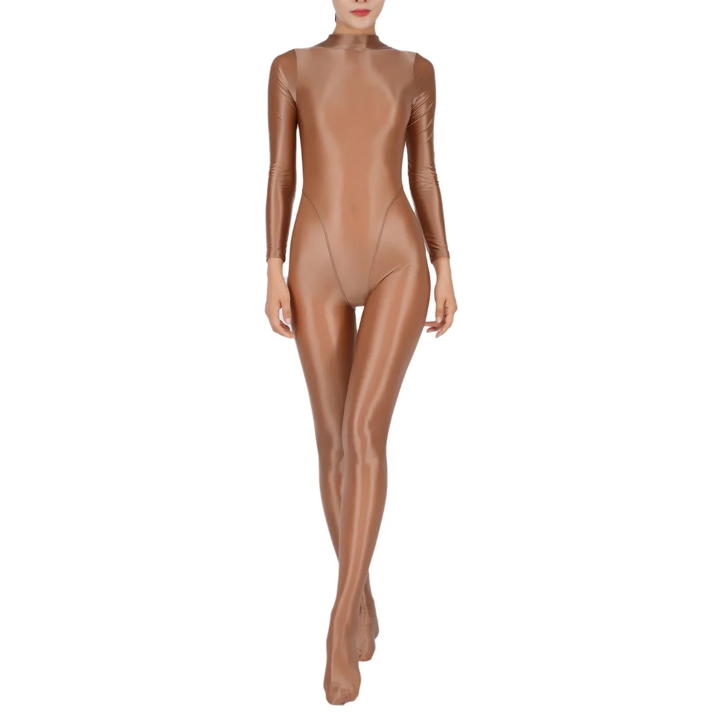 Womens Glossy Full Body Jumpsuit See Through Sheer Catsuits Bodystockings Long Sleeve Footed One Piece Gym Yoga Tights Bodysuit