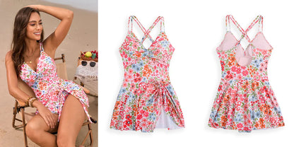 Floral Print Dress Swimsuit Women's One Piece Bikini Monokini Beach Vacation V-neck Suspender Backless Swimwear 2025 Summer New