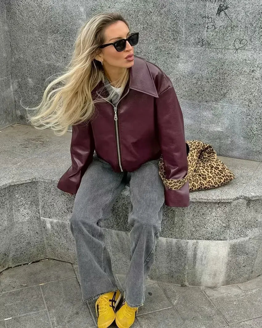 HH Wine Red Faux Leather Jakcet Fashion Outerwear Thicken Zipper Lapel Pu Coats Autumn Winter Streetwear Ladies Tops Women