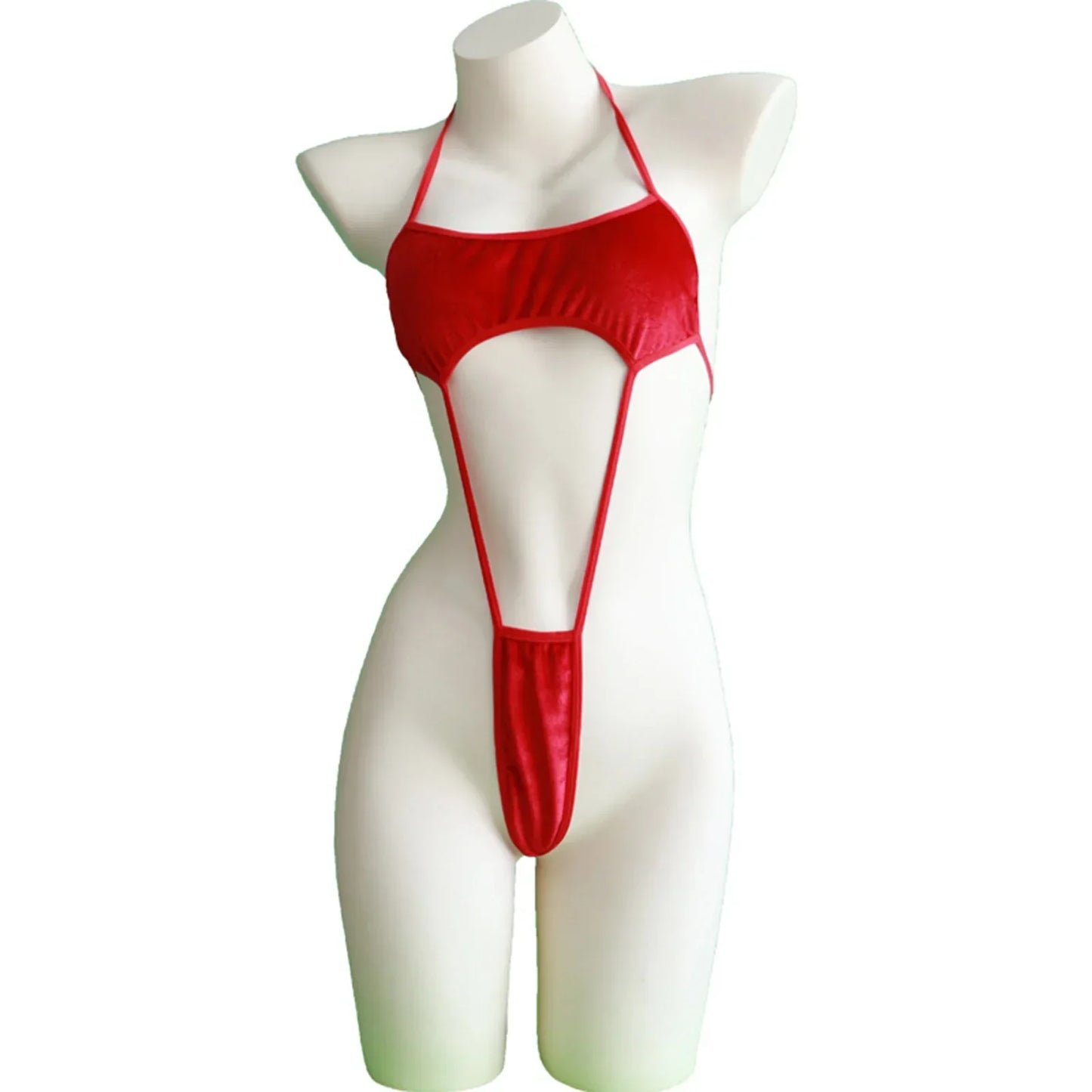 Womens Christmas Lingerie Bodysuit Halter Neck Hollow Out High Cut Velvet Babydoll Teddy Xmas Holiday One Piece Lingerie Leotard