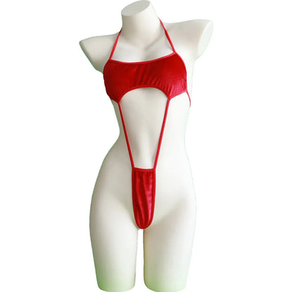 Womens Christmas Lingerie Bodysuit Halter Neck Hollow Out High Cut Velvet Babydoll Teddy Xmas Holiday One Piece Lingerie Leotard