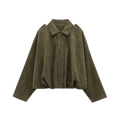 HH Women Brown Green Suede Jacket Loose Casual Bomber Coat Lapel Zipper Long Sleeve Jackets Vintage Lady Motorcycle Outwears