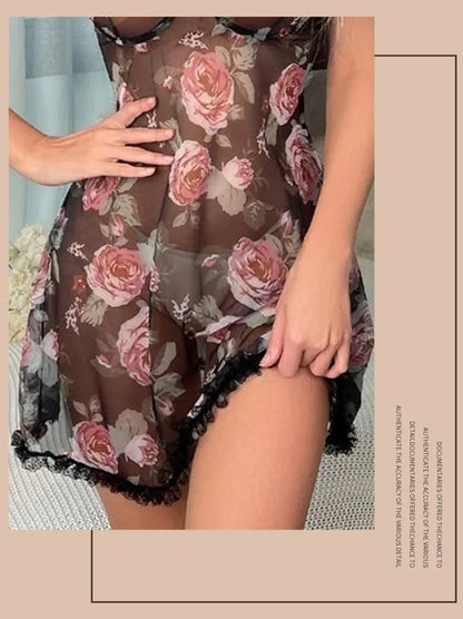 Women Floral Lace Chiffon Chemise Adjustable Straps Sleepwear Set Romantic Gift Sheer Nightwear Valentines Babydoll Black Trim U