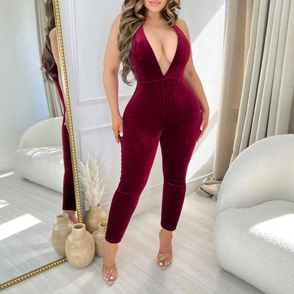 Women's sexy hot girl deep V-neck hanging neck velvet backless tight jumpsuit