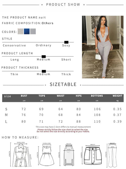 Sisterlinda Sexy Wild Style 2Piece Set Women Deep V-Neck Sleeveless Irregular Bodysuit+Skinny Peach Hip Pant Street Fashion Suit