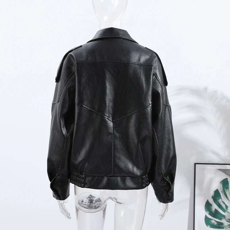 Stand Collar Women's Jacket Full Sleeve Double Button Solid Female Leather Jackets 2025 Autumn Fashion High Street Lady Outwears