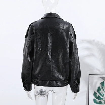 Stand Collar Women's Jacket Full Sleeve Double Button Solid Female Leather Jackets 2025 Autumn Fashion High Street Lady Outwears