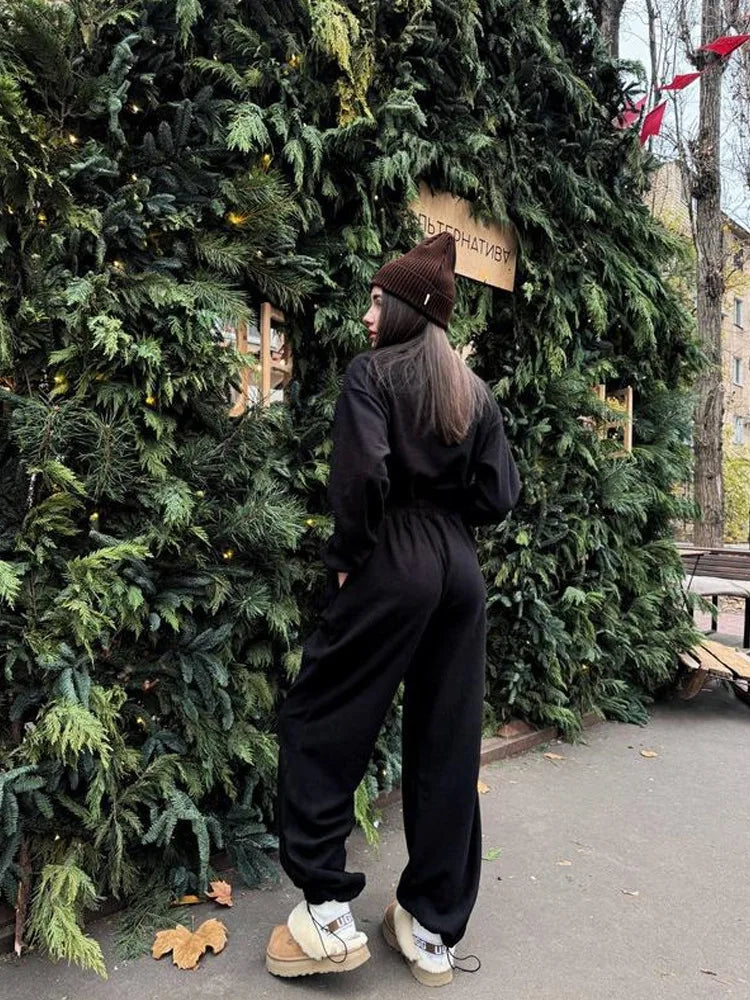 Zekye Woman Clothing New Fashion Long-sleeved Jumpsuit Women's Casual Semi-open Elastic Waist Jumpsuit Elegant Woman Jumpsuit