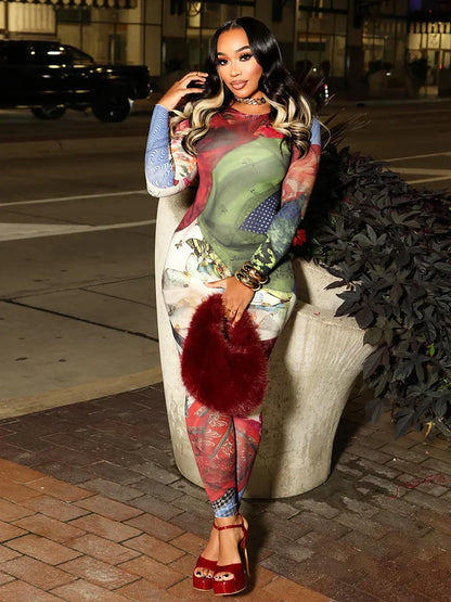 Sisterlinda Hip Jumpsuits Woman Hot Girls Colorful Print Autumn Trend o-Neck Full Sleeve Skinny Street Sexy Fashion Overalls