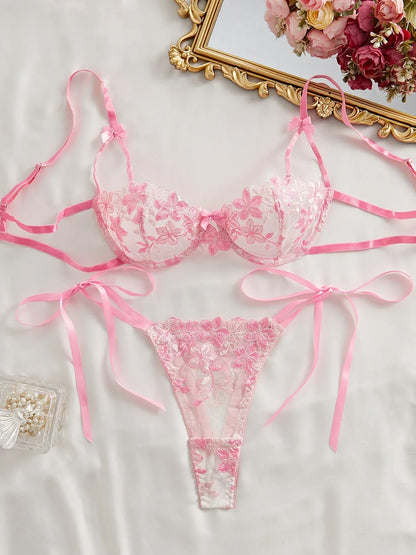 Floral Embroidery Transparent Mesh Bra Brief Sets Ultra Thin Straps Flowers Lace Sexy Lingerie Half Cup Woman Underwear 2025