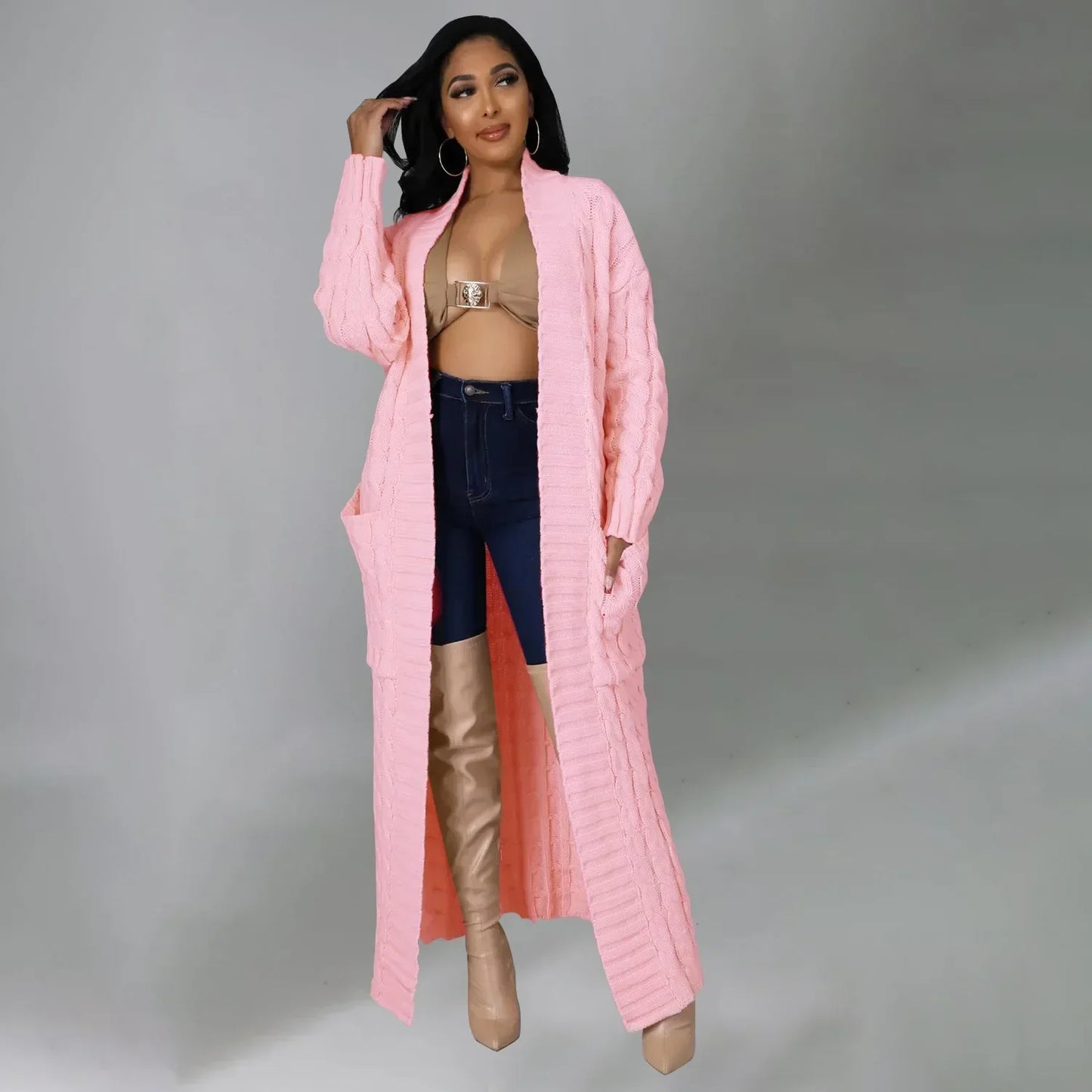 2024 New Women's Fashionable Cardigan Sweater Casual Long Sleeve Solid Color Jacket Autumn/Winter Amazon Europe Style