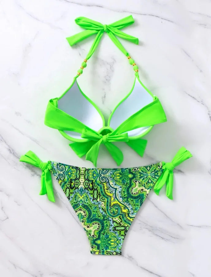 2024 New Print 2-piece Swimsuit for Women,hard Cup Suspender Push Up Bikini Set,summer Beach Vacation Backless Bathing Suit