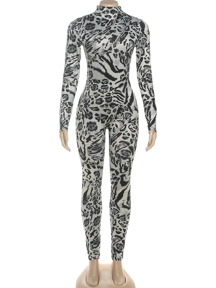 Sisterlinda Fitness Jumpsuit Women Sexy Zip Leopard Print Full Sleeve Streetwear Activity Workout Casual Tight Stretch Overalls