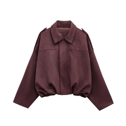 HH Women Brown Green Suede Jacket Loose Casual Bomber Coat Lapel Zipper Long Sleeve Jackets Vintage Lady Motorcycle Outwears