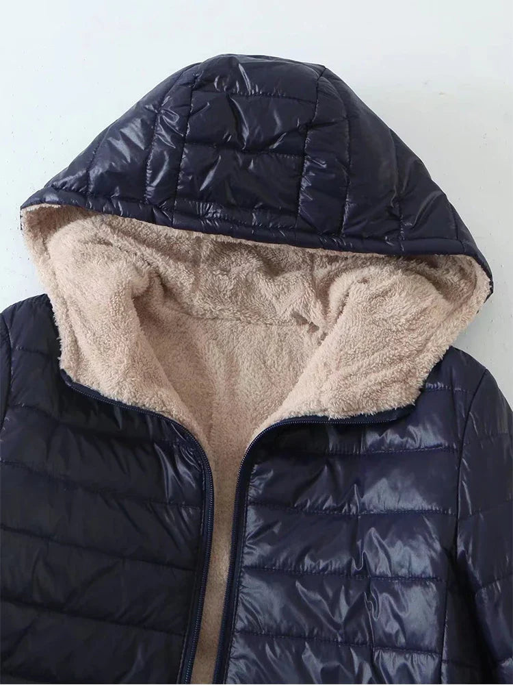 New Mid Length Korean Edition Hooded Fit Women Jackets Autumn Winter Mid-length Office Cotton Coats Warm Lamb Fleece Parkas