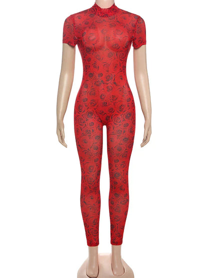 kliou Aesthetic Printed Women Jumpsuits Fashion Sexy Panelled Short Sleeve Backless Stand Collar Slim Overalls Mujer Clubwear
