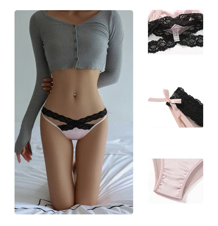 CINOON Women Sexy Lingerie G String Lace Panties Femal Low-waist Cross Bandage Transparent Temptation Underwear Comfort Intimate
