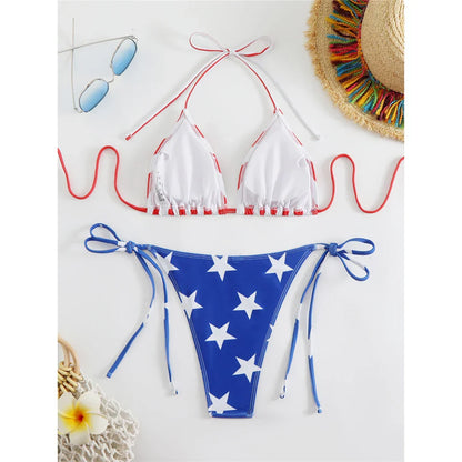 Flag Printed Halter Strappy High Cut Bikini Female Swimsuit Women Swimwear Two-pieces Bikini set Bather Bathing Suit Swim V6144