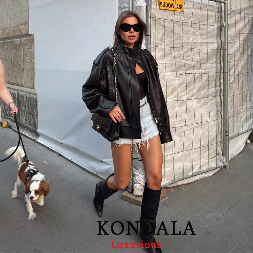 KONDALA Casual Chic Black Leather Jackets Women Long Sleeve Buttons Elastic Oversized Coats Fashion 2025 Fall Streetwear Coats