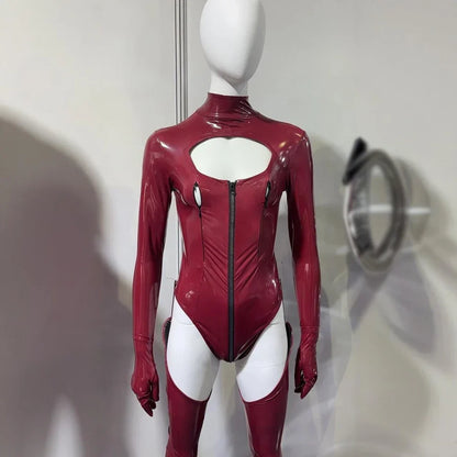 3PCS/SET Wet Look PVC Cosplay Outfit Catusit Shiny PU Leather Zipper Bust Open Crotch Bodysuit Tight Sexy Body Teddies Stockings
