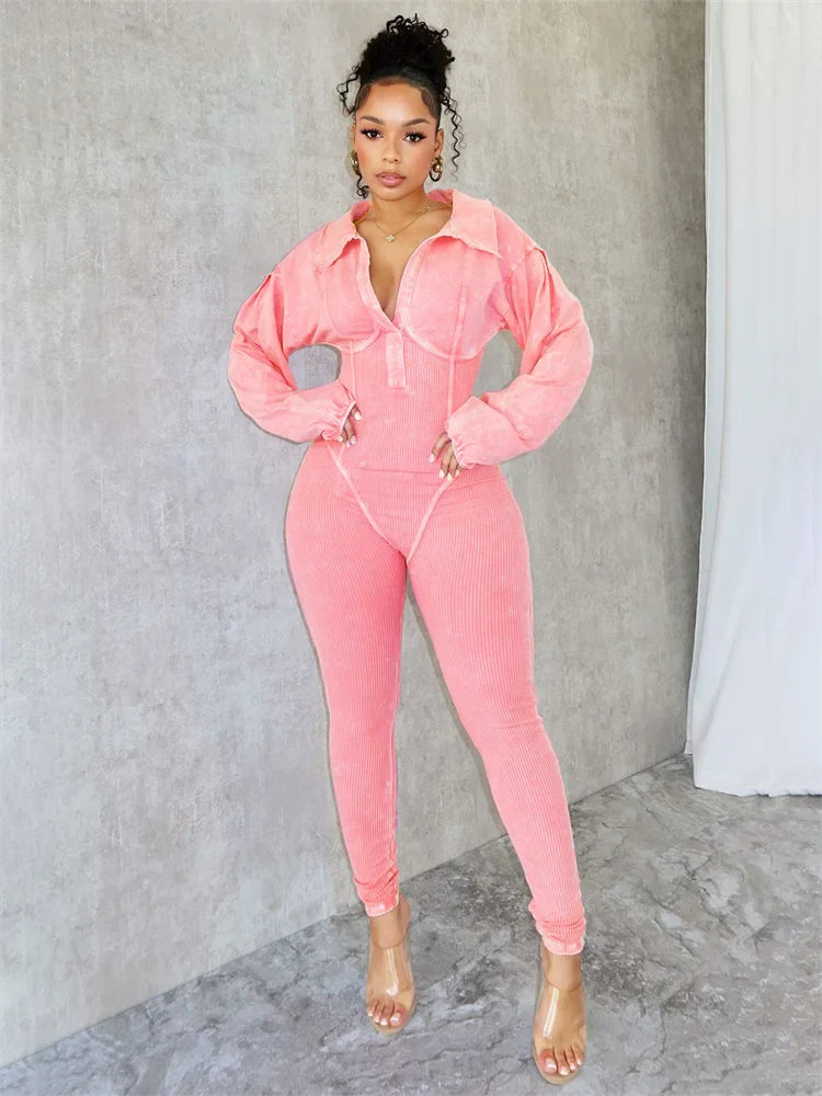 Weird Puss Washed Distressed Jumpsuit Women Ribbed V-Neck Solid SKinny Long Sleeve Fall Casual Trend Simple Activity Streetwear