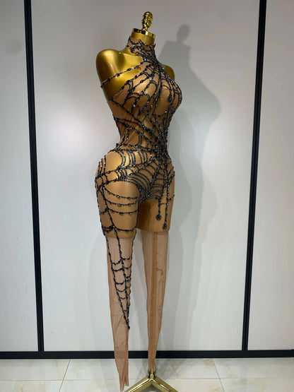 STOCK Sparkly Diamond Women Sexy Mesh Jumpsuit Nightclub Bar Party Show Gogo Dancer Clothing Drag Queen Outfit Stage Costume