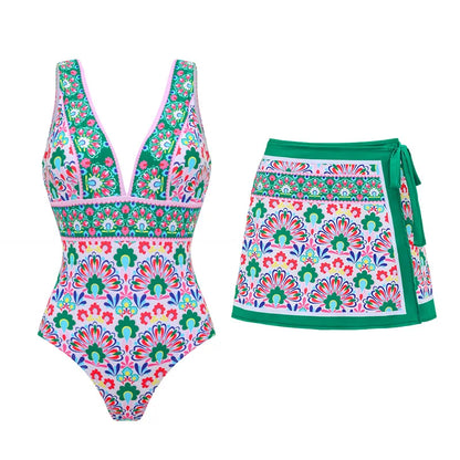 Cikini Deep V Floral Print Beach Resort One-Piece Swimsuit Set Summer Beach Swimwear Bathing Suit For Women