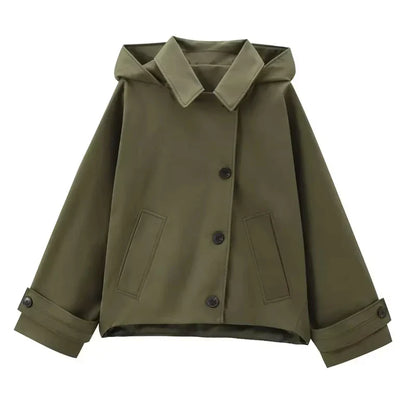 HXAO Female Windbreaker Outerwears Hood Cropped Jacket Women Solid Trench Coat Autumn Long Sleeve Demi-Season Casual Coats