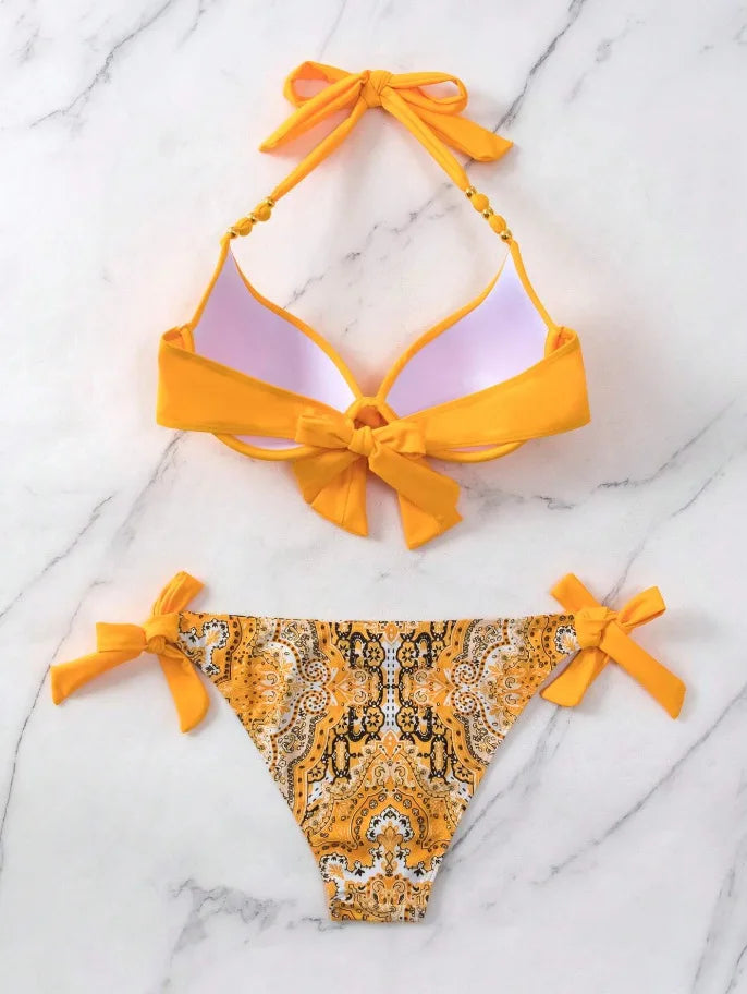 2025 Push Up Halter Bikini Printed Swimsuit Women Sexy Strappy Swimwear Female Bathers Bathing Swimming Swim Suit Beachwear