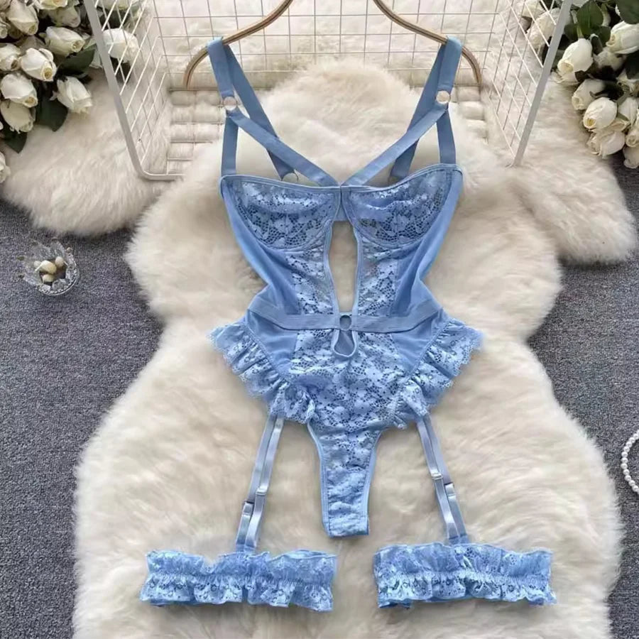 Women’s Sexy Lace Lingerie Bodysuit Hot Lenceria Intimates Set Sheer Mesh Underwire Garter Erotic Underwear 2025